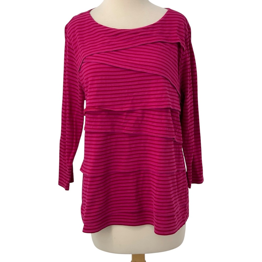 Chico's Women's 3/4 Sleeve Pink Striped Tiered Ruffle Pullover Top Size 2/Large